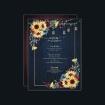 Menú Boda Floral de la Marina del Sol Azul de Borgoña<br><div class="desc">El hotel ofrece un ambiente acogedor y moderno con un diseño de carta florido con flores de girasol,  azul marino y color burdeos,  con fondo de madera azul marino y borgoña,  luces de cuerda dulces. Perfecto para bodas de otoño e invierno. Copyright Elegant Invita,  todos los derechos reservados.</div>