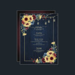 Menú Boda Floral de la Marina del Sol Azul de Borgoña<br><div class="desc">El hotel ofrece un ambiente acogedor y moderno con un diseño de carta florido con flores de girasol,  azul marino y color burdeos,  con fondo de madera azul marino y borgoña,  luces de cuerda dulces. Perfecto para bodas de otoño e invierno. Copyright Elegant Invita,  todos los derechos reservados.</div>