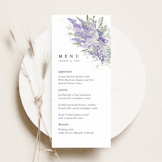Menú Boda Floral de Lavanda y Verde Salvia para la Cena (Lavender sage green floral wedding menu card, elegant reception menu with watercolor flowers)