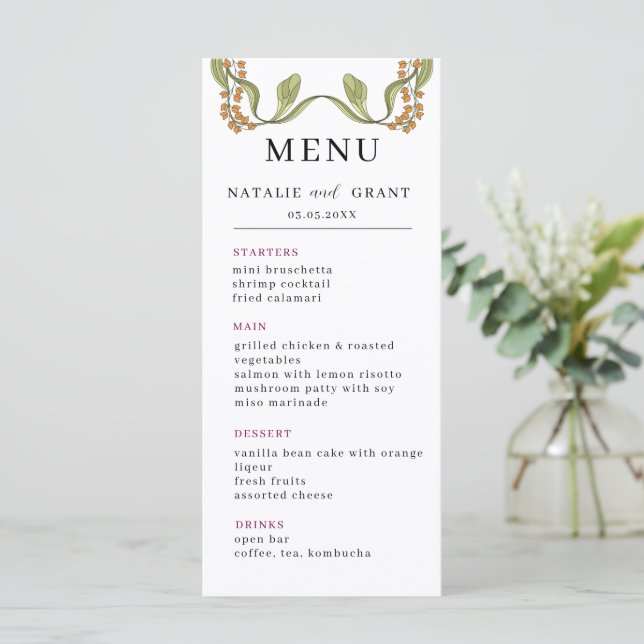 Menú Boda floral de Nouveau (Anverso de pie)