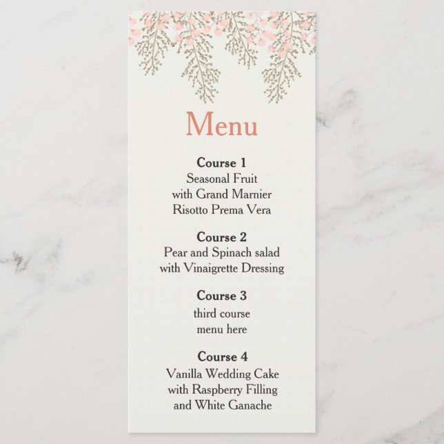 menú boda floral de oro de marfil ruborizado (Anverso)