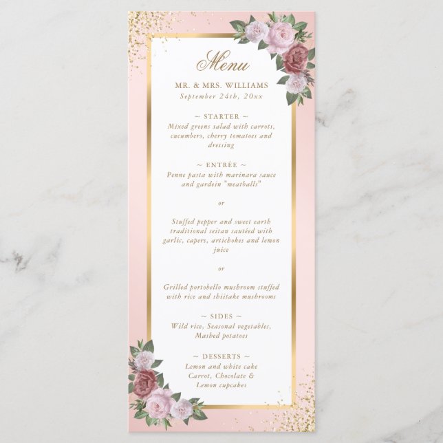 Menú Boda floral de oro rosa Rubor (Anverso)