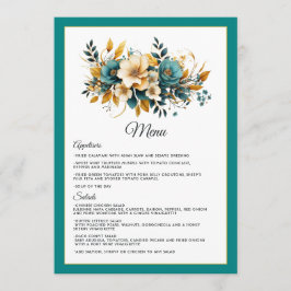 Menú Boda floral de oro y azul verdoso