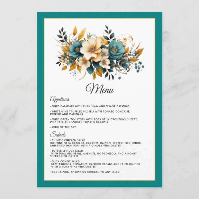 Menú Boda floral de oro y azul verdoso (Anverso)