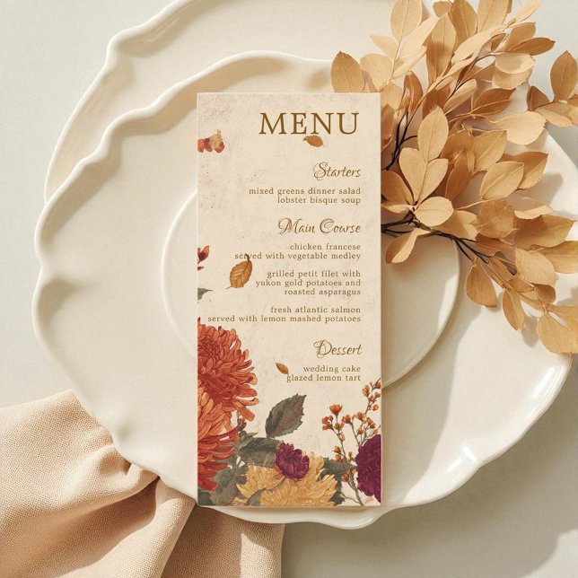 Menú Boda floral de otoño en la frontera de Marigold (Marigold Border Rustic Boho Autumn Floral Wedding Menu)