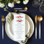 Menú Boda floral de Romance radiante<br><div class="desc">Este menú boda de Rubor Romance incluye el texto "Menú" enmarcado por flores acuarelas en burdeos, coral y rosa rubor, acentuado con hojas botánicas verdes y follaje. Simplemente edite los cuadros de texto al personalizar. El color del reverso del menú puede cambiarse en el editor. Diseñado para ti por Evco...</div>