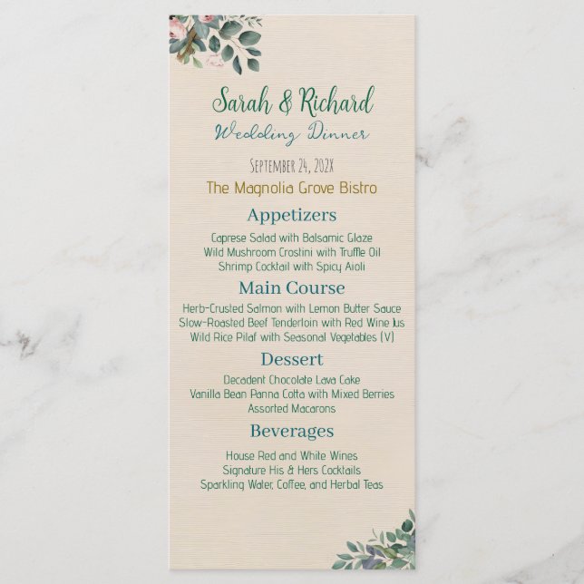 Menú Boda floral de salmón y salvia (Anverso)