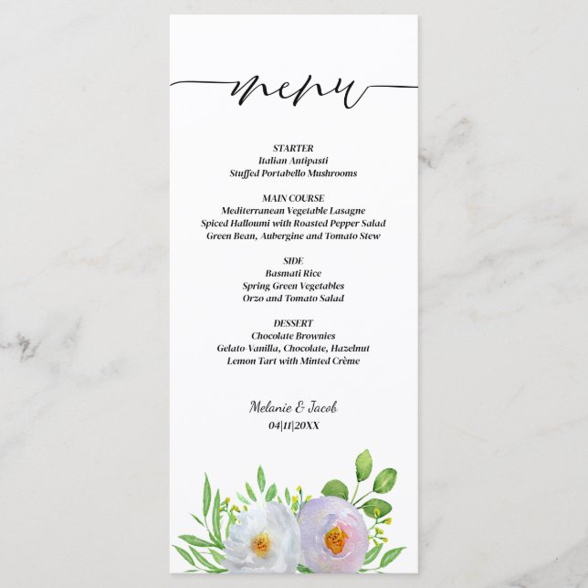Menú Boda floral de script (Anverso)