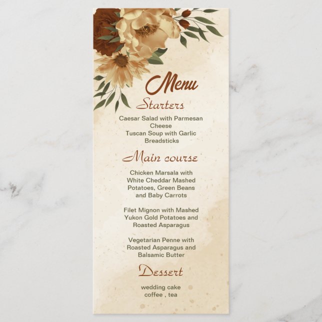 Menú boda floral de terracota rústica (Anverso)
