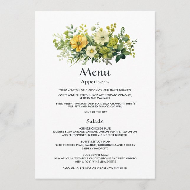 Menú Boda floral de tonos verdes (Anverso)