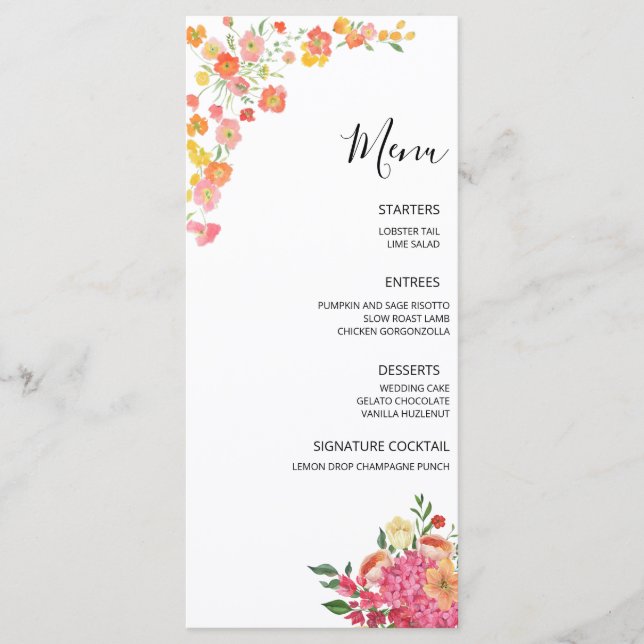 Menú Boda floral de verano rosa y naranja (Anverso)