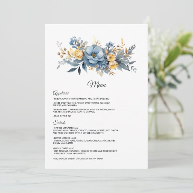 Menú Boda Floral Dusty Blue y Gold (Anverso de pie)