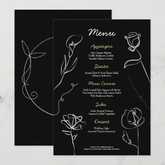 Menú Boda floral elegante con mano alzada negra tempera