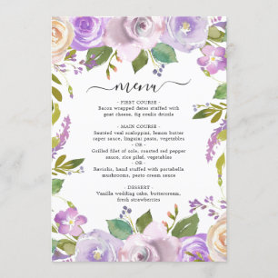 Menú Boda floral elegante de acuarela de lila