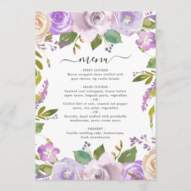 Menú Boda floral elegante de acuarela de lila (Anverso)