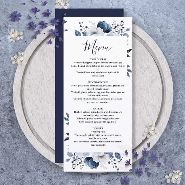 Menú Boda floral elegante de azul marino (Navy Blue Elegant Country Floral Wedding Menu)