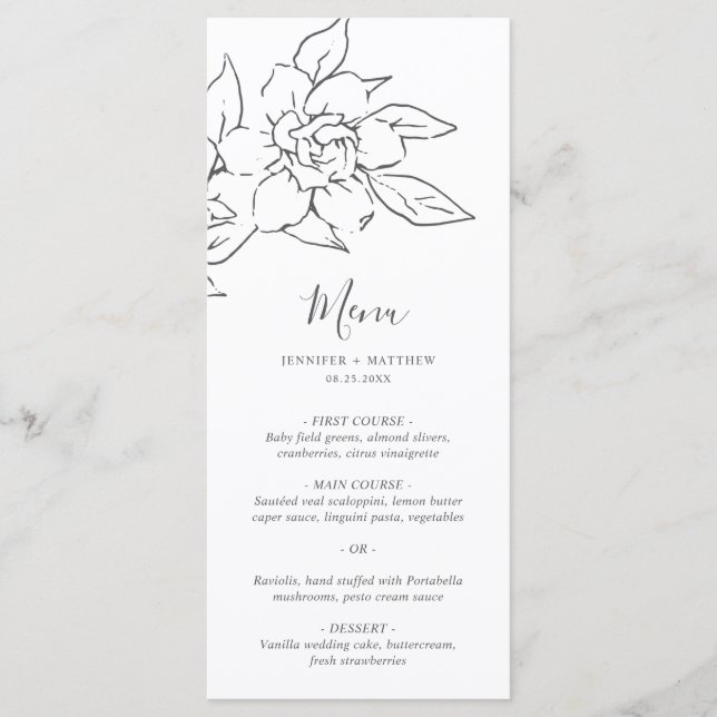 Menú Boda floral elegante de línea artística neutral (Anverso)