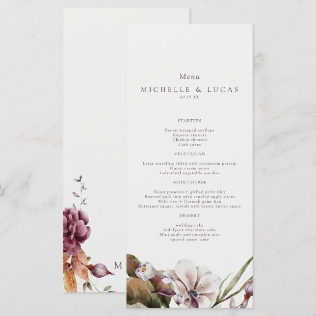 Menú Boda floral elegante de otoño (Anverso / Reverso)