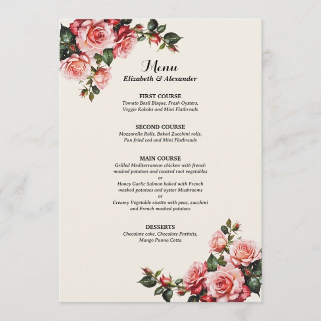 Menú Boda floral elegante de rosas rosadas y rojas (Anverso)