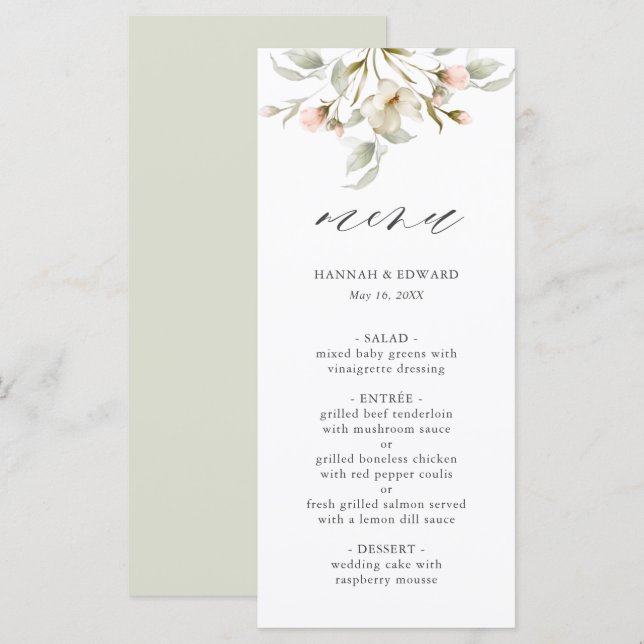 Menú Boda floral elegante Rubor Sage blanco (Anverso / Reverso)