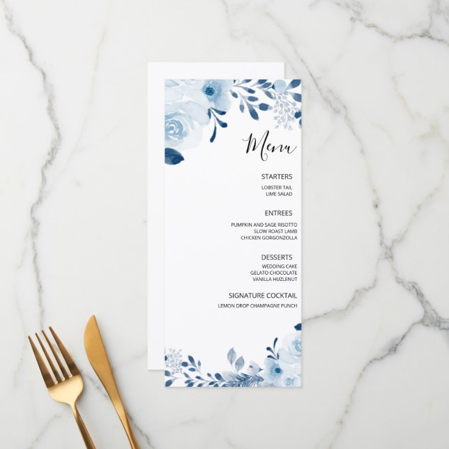 Menú Boda floral francesa azul moderna (Anverso/Reverso In Situ)