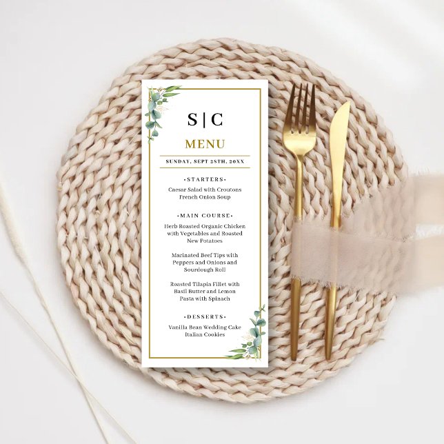 Menú Boda floral geométrica con vegetación de eucalipto (Eucalyptus greenery geometric wedding menu adds modern elegance to your reception dining.)