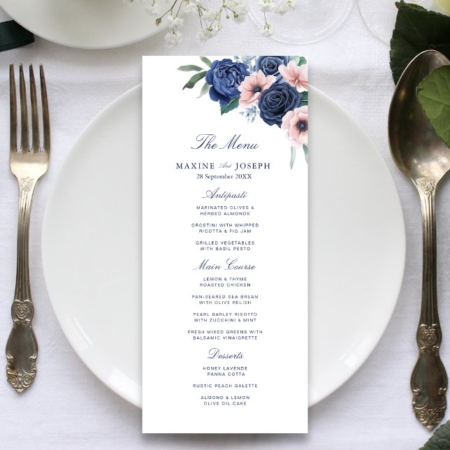 Menú Boda floral geométrica de azul marino y rubor (Navy blue and blush floral wedding menu adds elegant charm to every place setting.)