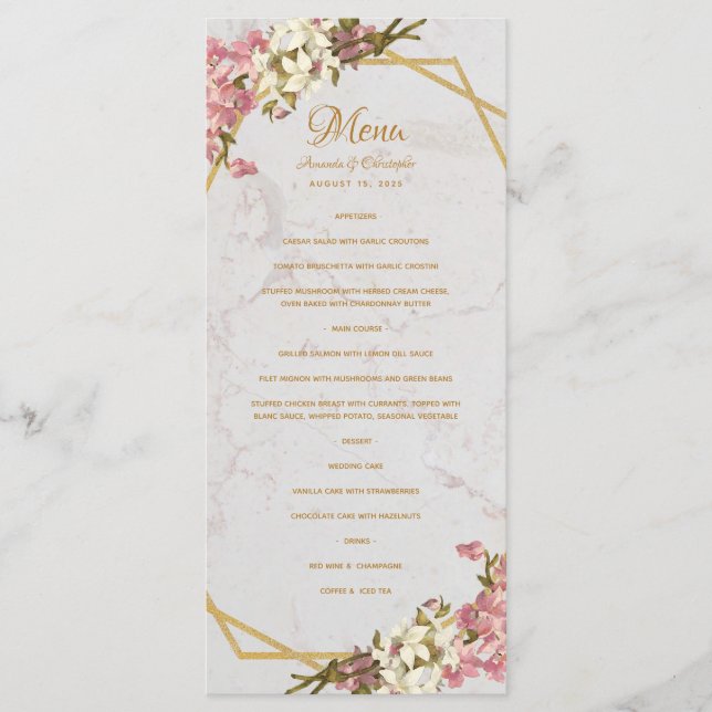 Menú Boda Floral Geométrica de Mármol Dorado y Orquídea (Anverso)