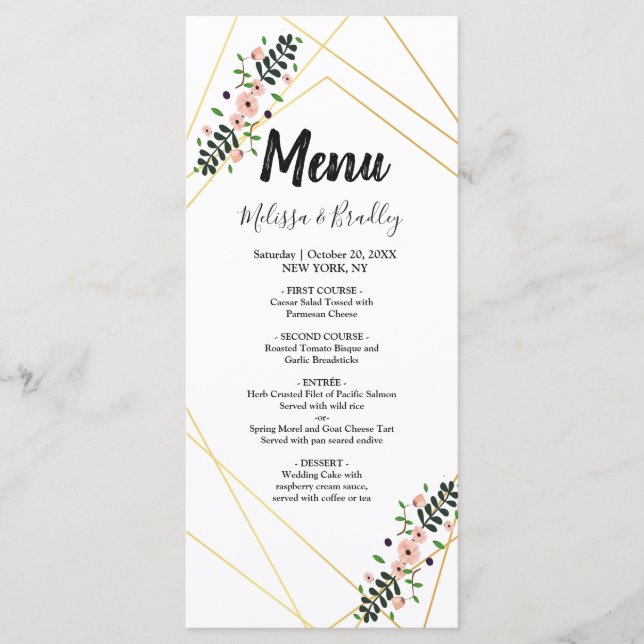 Menú Boda floral geométrico con marco dorado púrpu (Anverso)