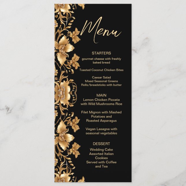 Menú Boda floral Gold Black Ornate (Anverso)