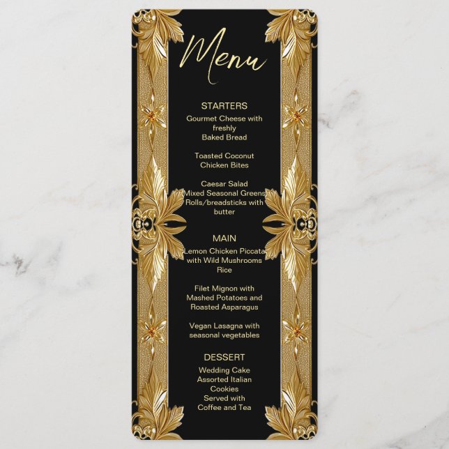 Menú Boda floral Gold Black Ornate (Anverso)