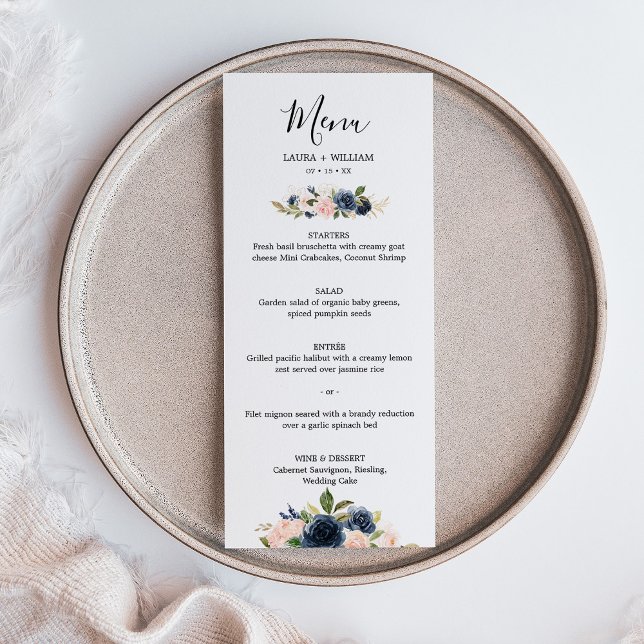 Menú Boda Floral Golden Leaves de la Marina Rubor (Navy Blush Floral Golden Leaves Wedding Menu)