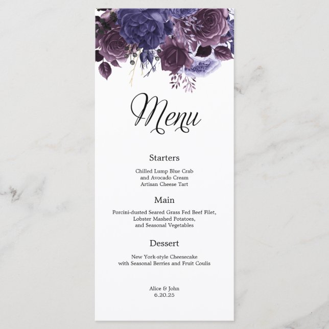 Menú Boda floral gótica púrpura (Anverso)