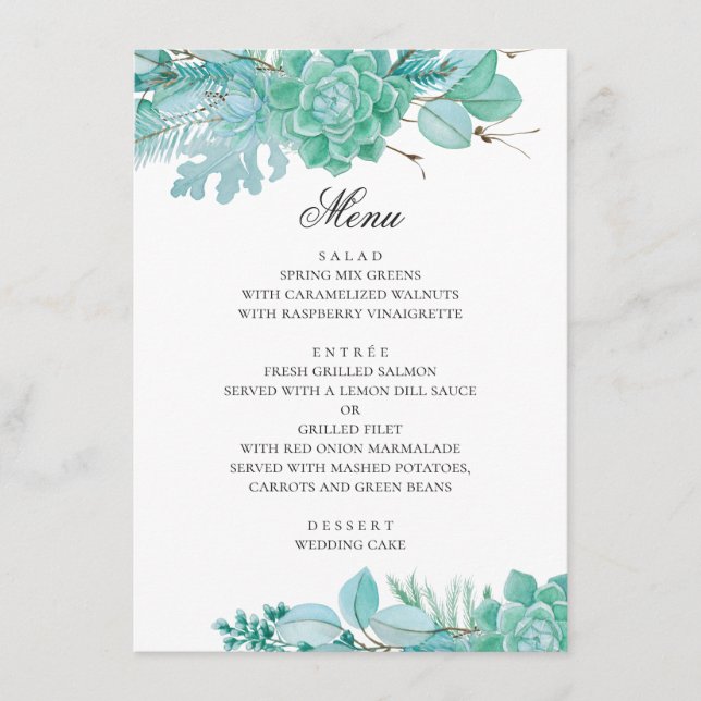 Menú Boda floral invernal de menta. Suculentas acuarela (Anverso)