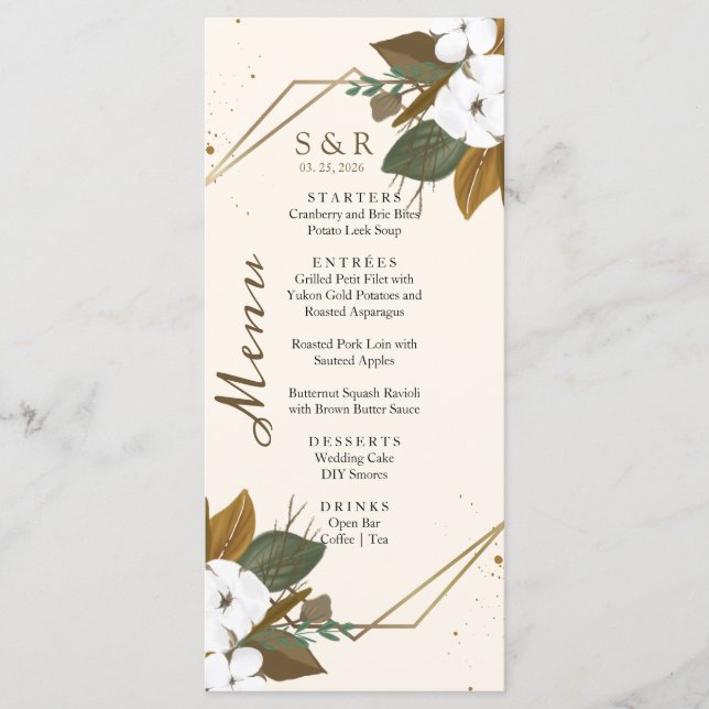 Menú Boda Floral Marrón Y Crema Moderna (Anverso)