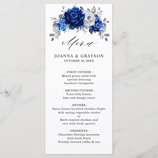 Menú Boda floral metálico plateado azul real (Anverso)