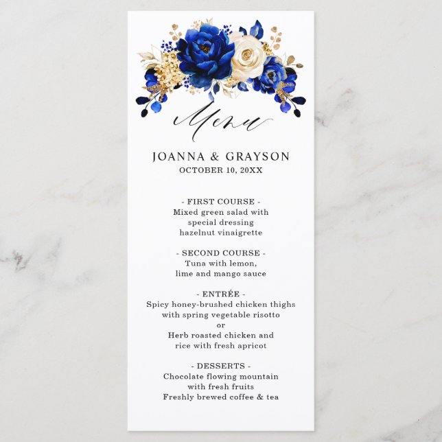 Menú Boda floral metálico Royal Blue Yellow Gold (Anverso)