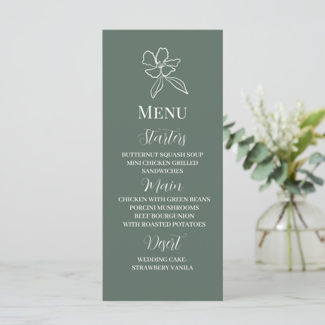 Menú Boda floral mínimo verde forestal (Anverso de pie)