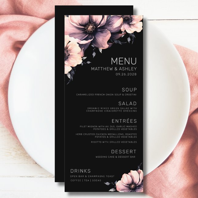 Menú Boda floral moderna de negro y rosa (Unique Elegant Modern Floral Pink Black Wedding Menu)