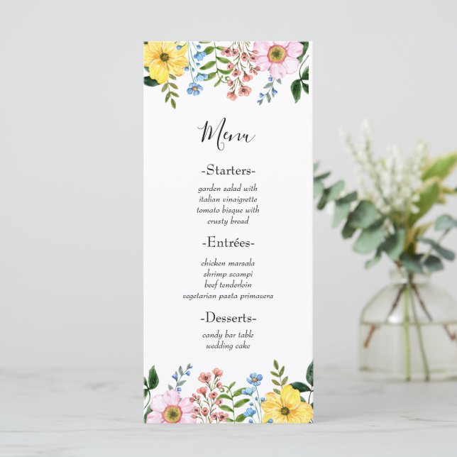 Menú Boda floral moderna de primavera en amarillo azul  (Anverso de pie)
