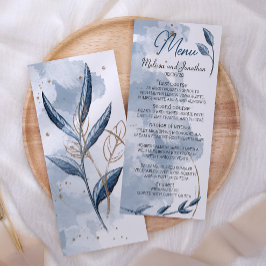 Menú Boda Floral Moderna Elegante Oro Azul