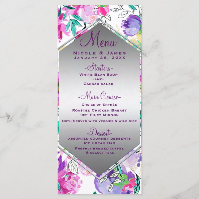 Menú Boda floral moderno morado rosa (Anverso)