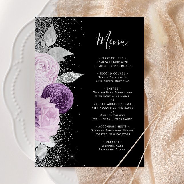 Menú Boda Floral Morado Plata Brillante Negro (Subido por el creador)