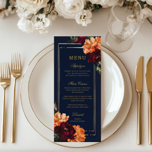 Menú Boda floral naranja quemada borgoña marina tempera