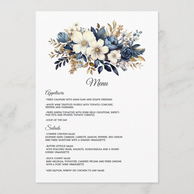 Menú Boda floral Navy, Blanco y Dorado (Anverso)