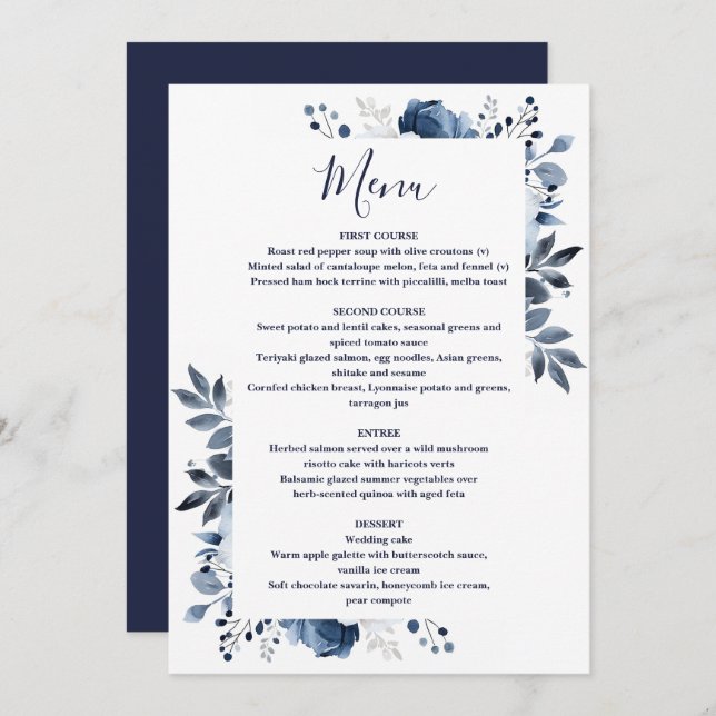 Menú Boda floral Navy Blue Elegant Country (Anverso / Reverso)