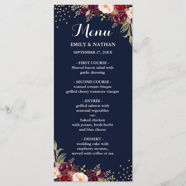 Menú Boda floral Navy de oro de Borgoña (Anverso)
