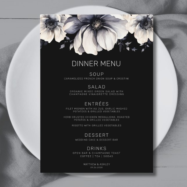 Menú Boda floral negra elegante moderna (Modern Elegant Black Floral Wedding Menu)