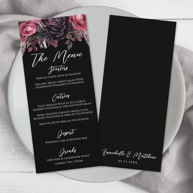 Menú Boda floral negra gótica (Gothic Black Floral Wedding Menu)