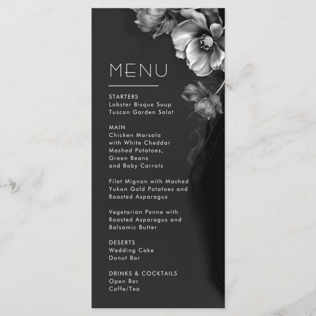 Menú Boda floral negro plateado (Anverso)
